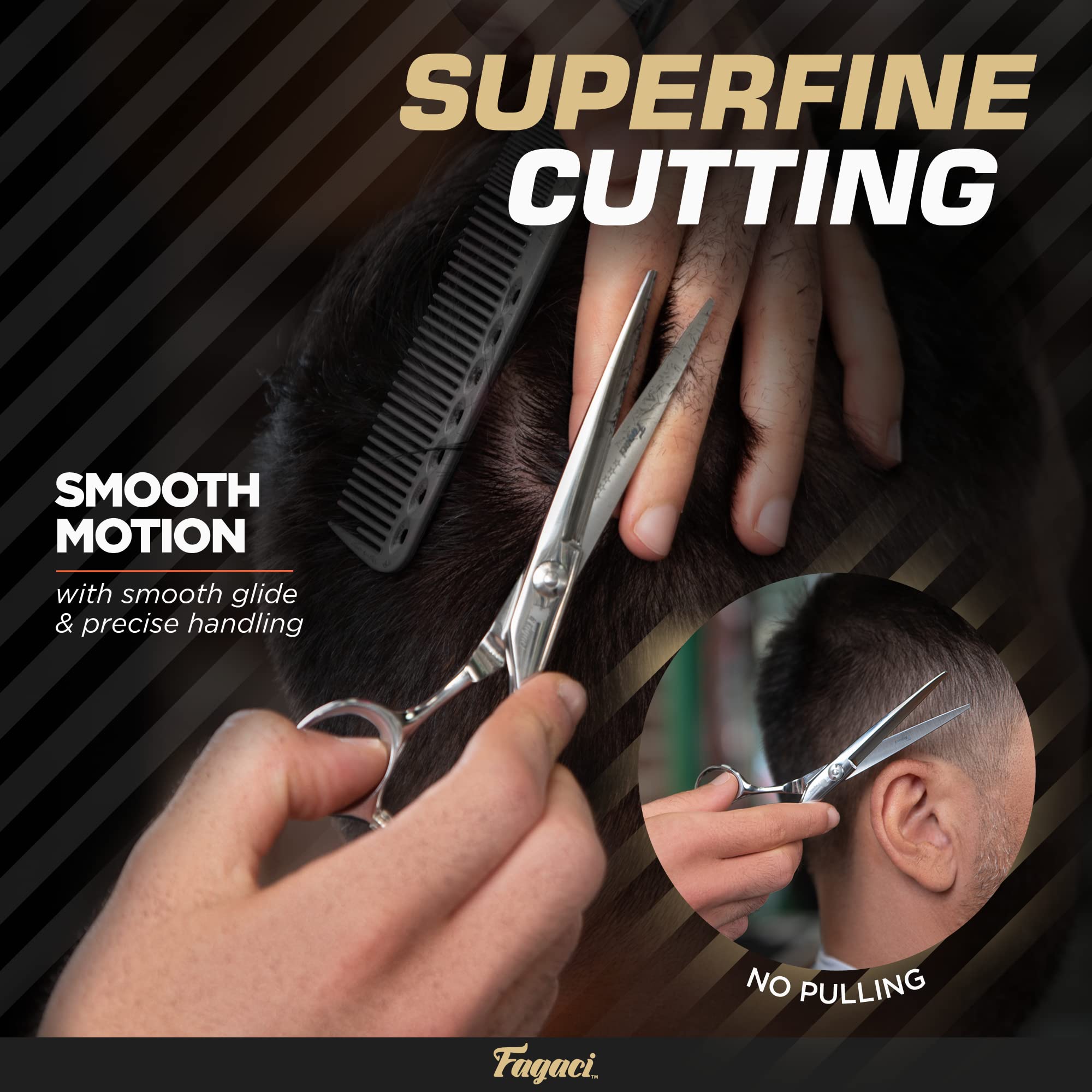 Fagaci hair scissors blade close-up highlighting razor-sharp edges for clean lines.