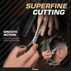 Fagaci hair scissors blade close-up highlighting razor-sharp edges for clean lines.