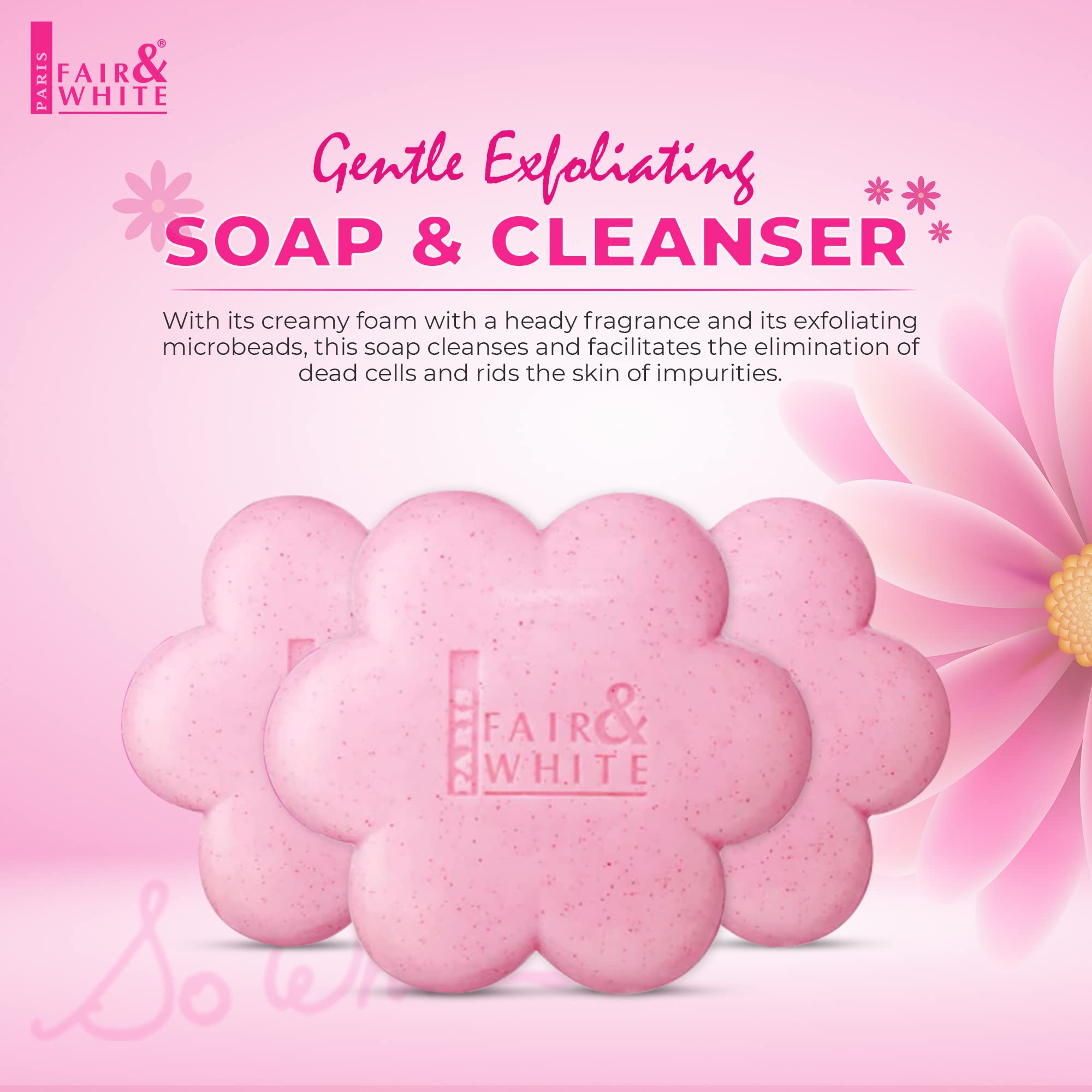 Fair & White So White soap bar close-up highlighting exfoliation for smoother skin.