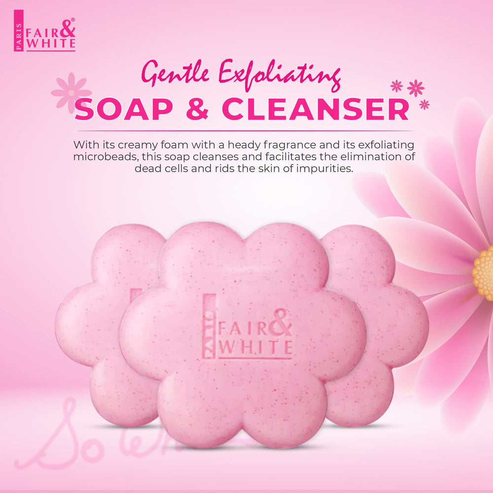 Fair & White So White soap bar close-up highlighting exfoliation for smoother skin.