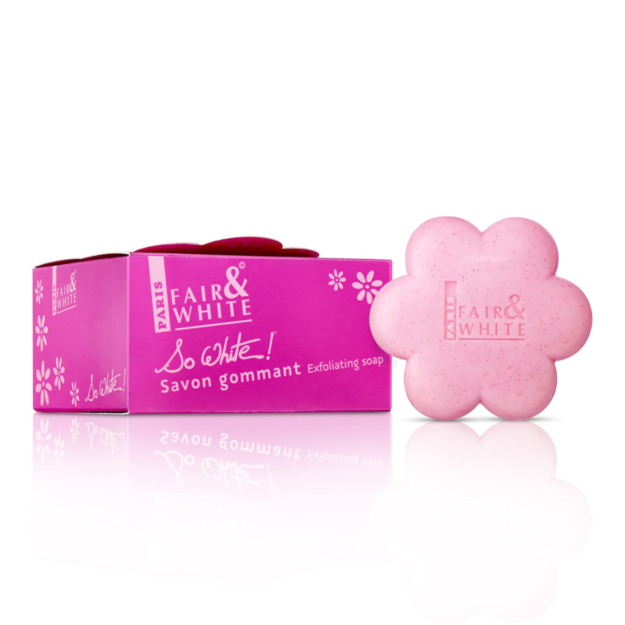 Fair & White So White soap packaging showcases exfoliating soap for smoother skin.