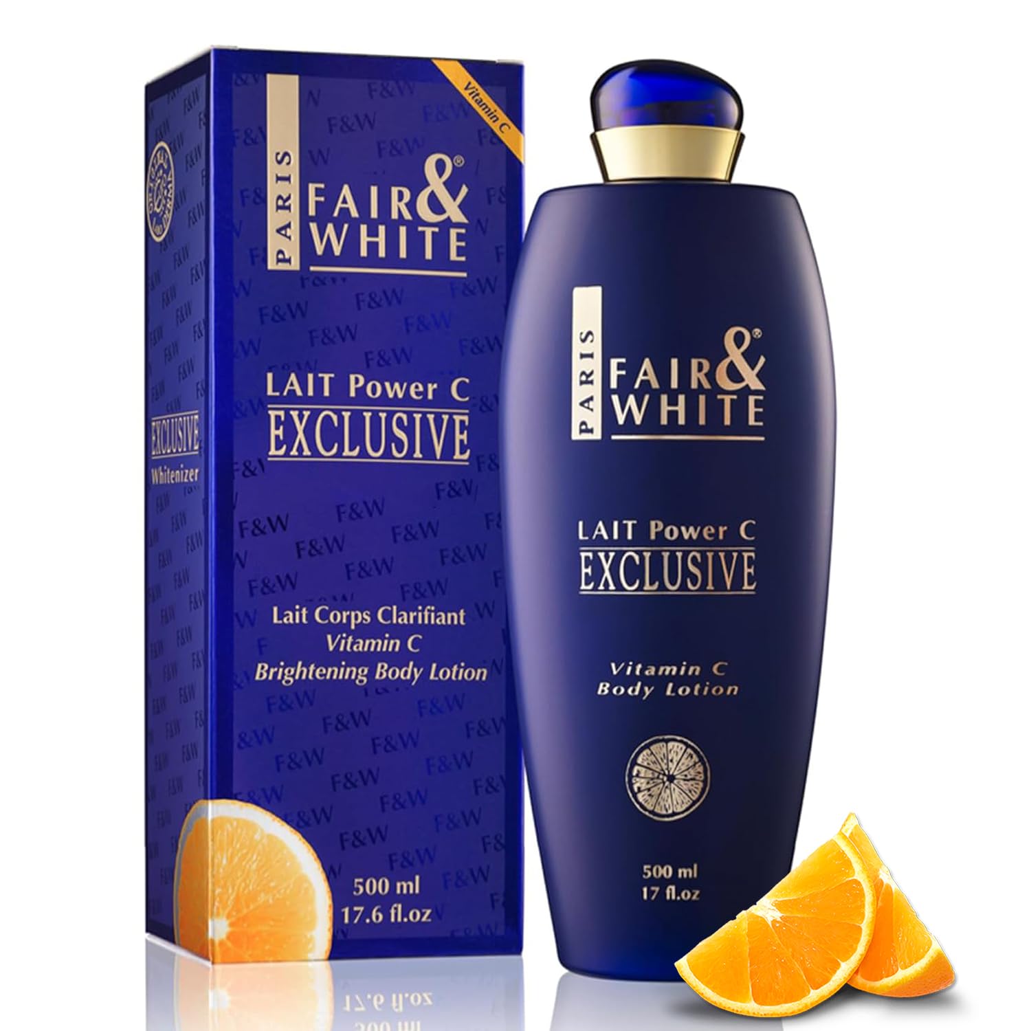 Fair & White exclusive vitamin C lotion bottle showcasing premium packaging for radiant skin prep.