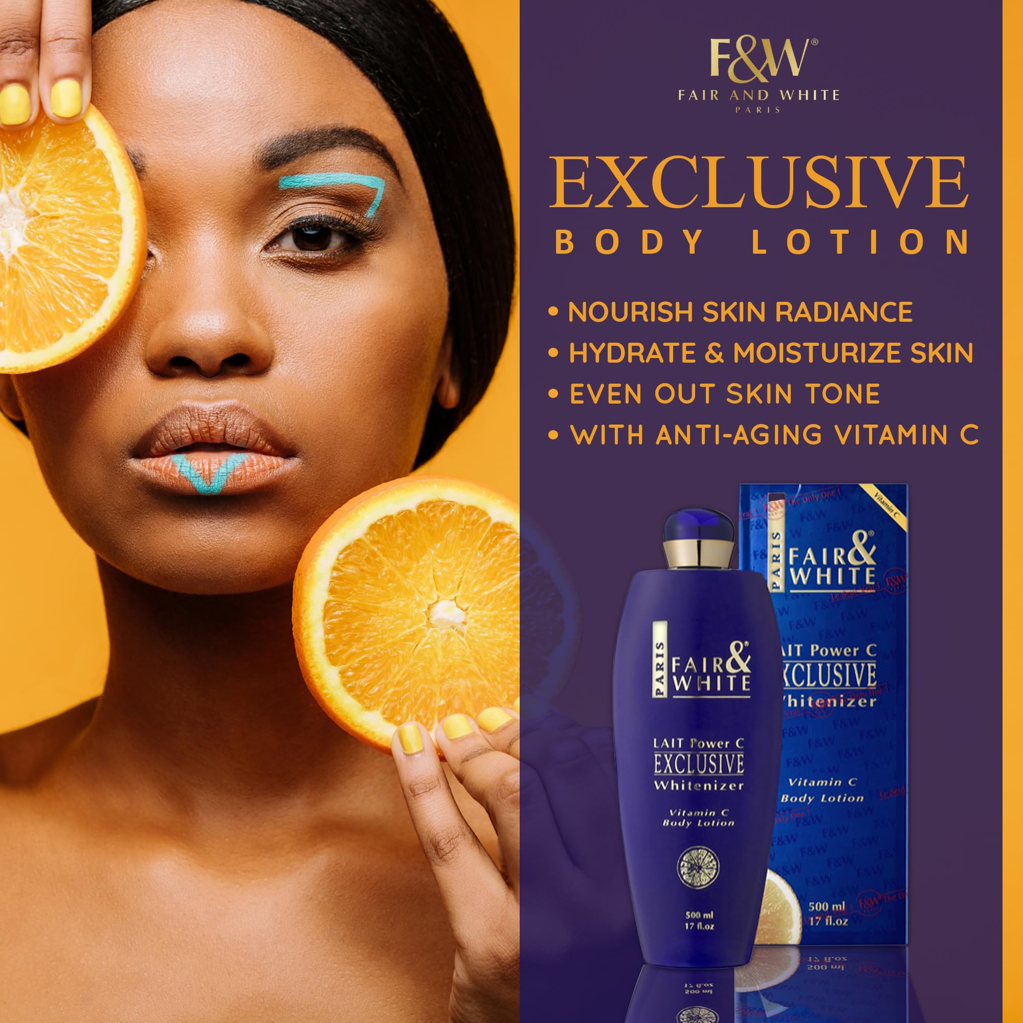 Fair & White vitamin C lotion texture closeup highlights creamy, rich emulsion.