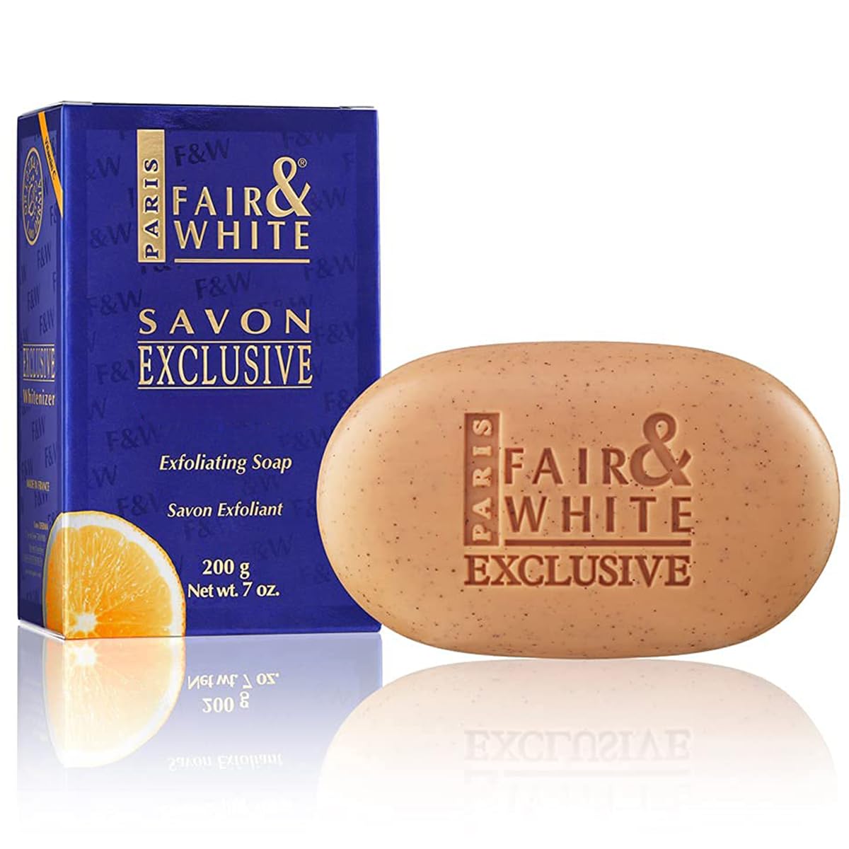 FAIR & WHITE exclusive-exfoliating-soap-bar close-up shows smooth texture for radiant skin.