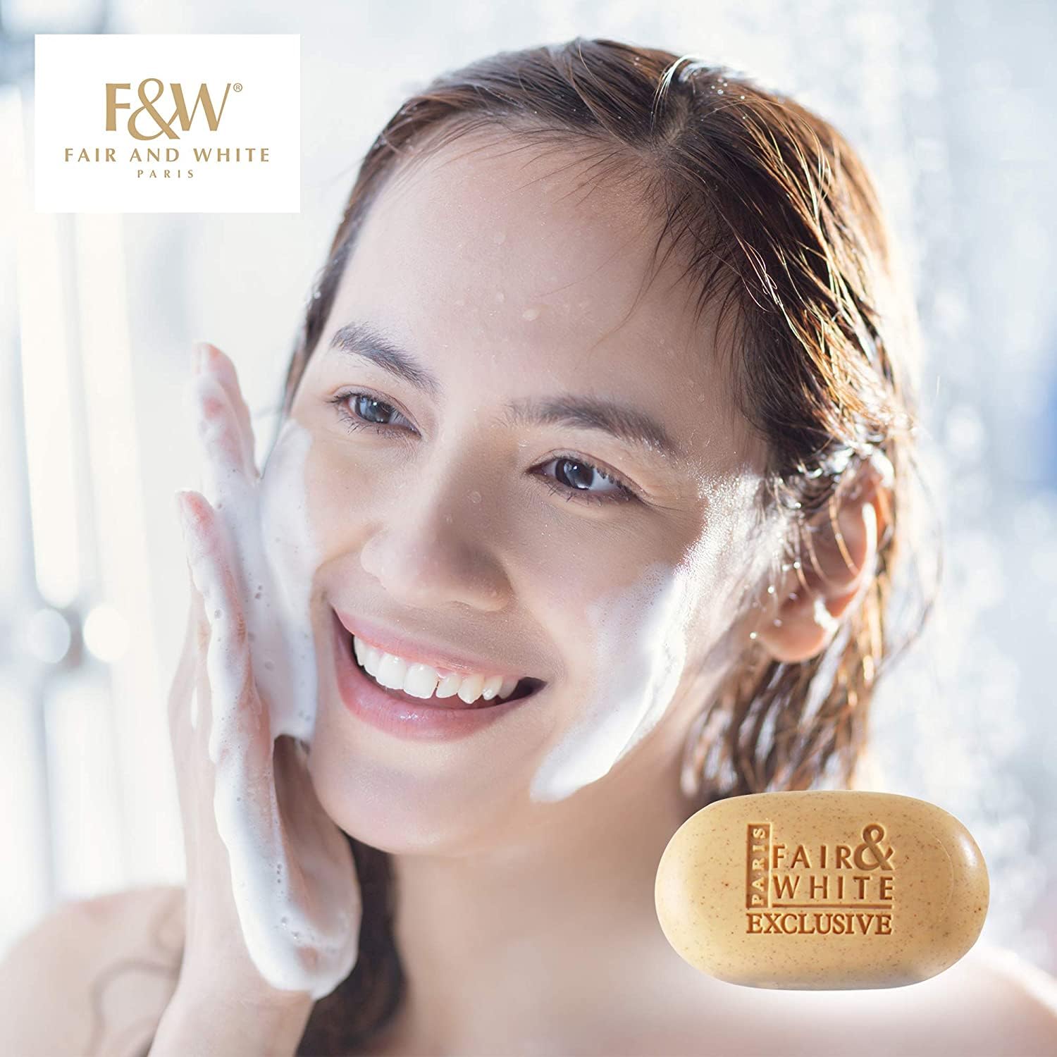 FAIR & WHITE exfoliating-soap-even-toning close-up suggests even-toning possibilities.
