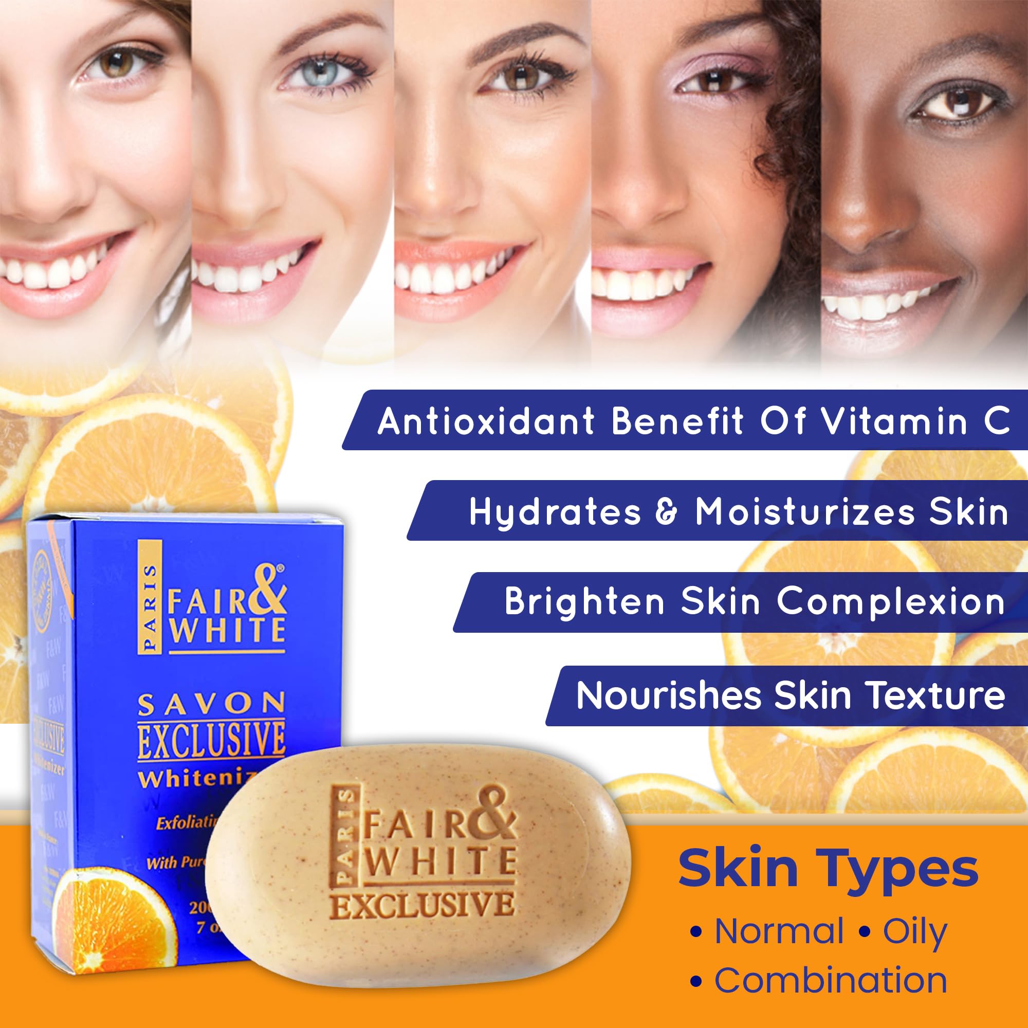 FAIR & WHITE vitamin-c-shea-butter soap detail underscores nourishing ingredients and brightness potential.