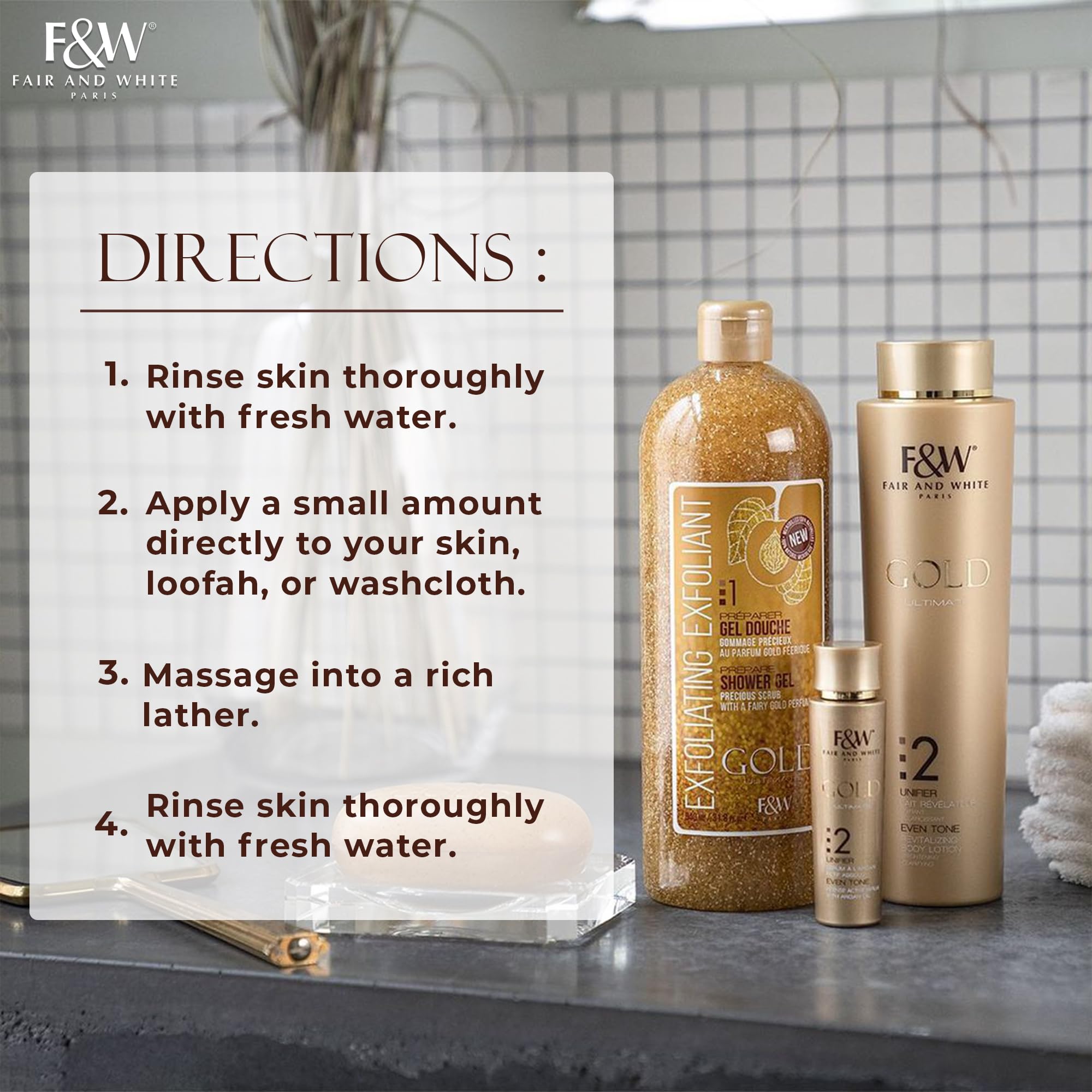 FAIR & WHITE Gold Precious Scrub after-shower glow on radiant skin