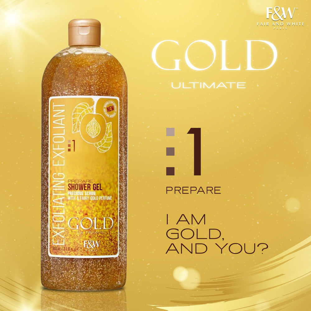 FAIR & WHITE Gold Precious Scrub golden gel-dispense captured during shower
