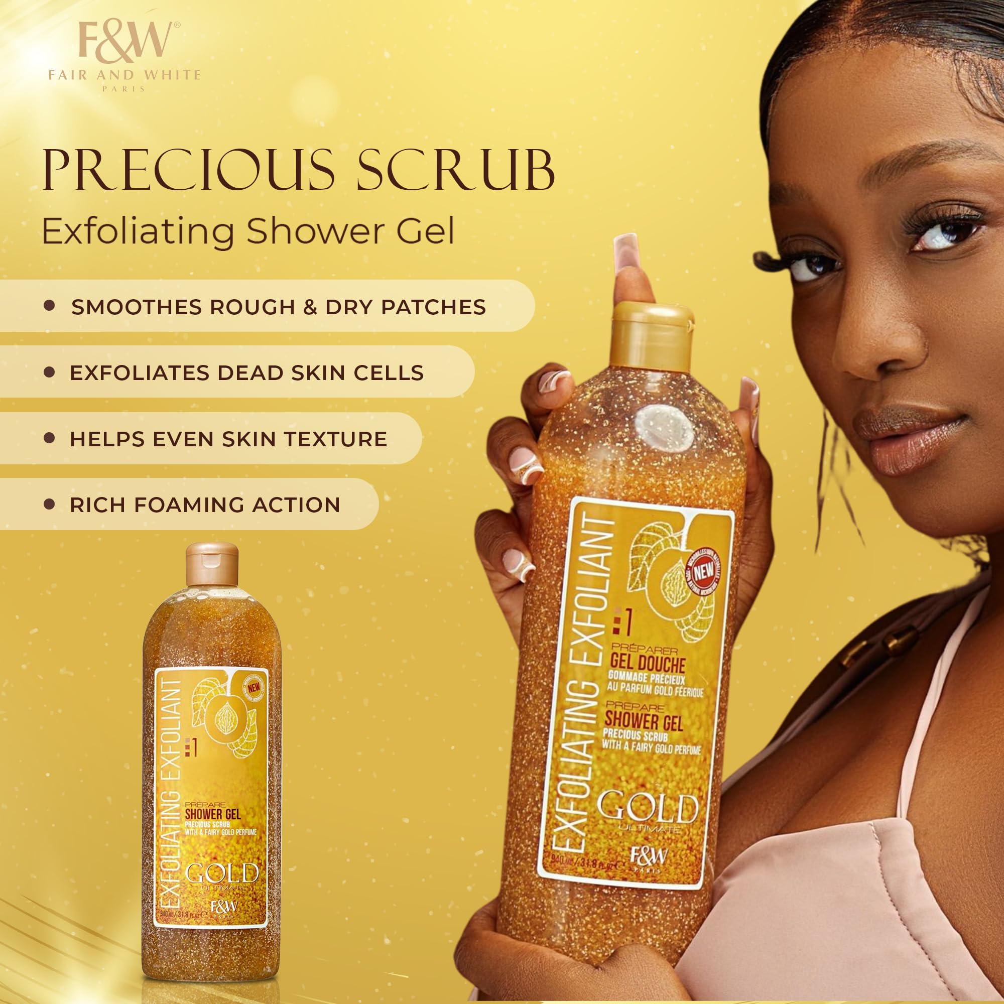 FAIR & WHITE Gold Precious Scrub shower scene with soft light and refreshing vibe