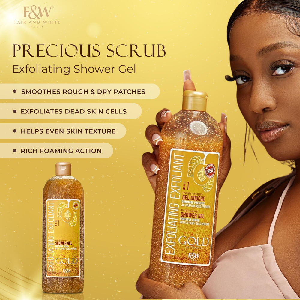 FAIR & WHITE Gold Precious Scrub shower scene with soft light and refreshing vibe