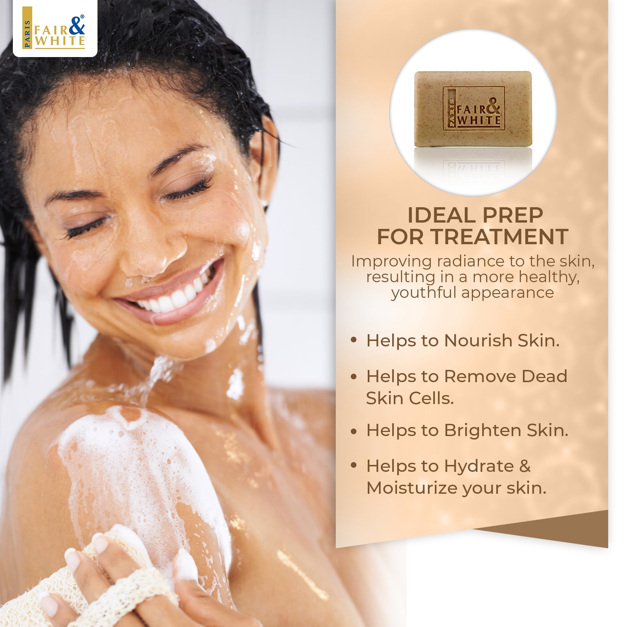 Fair & White Exfoliating Soap used on knees and elbows to improve texture
