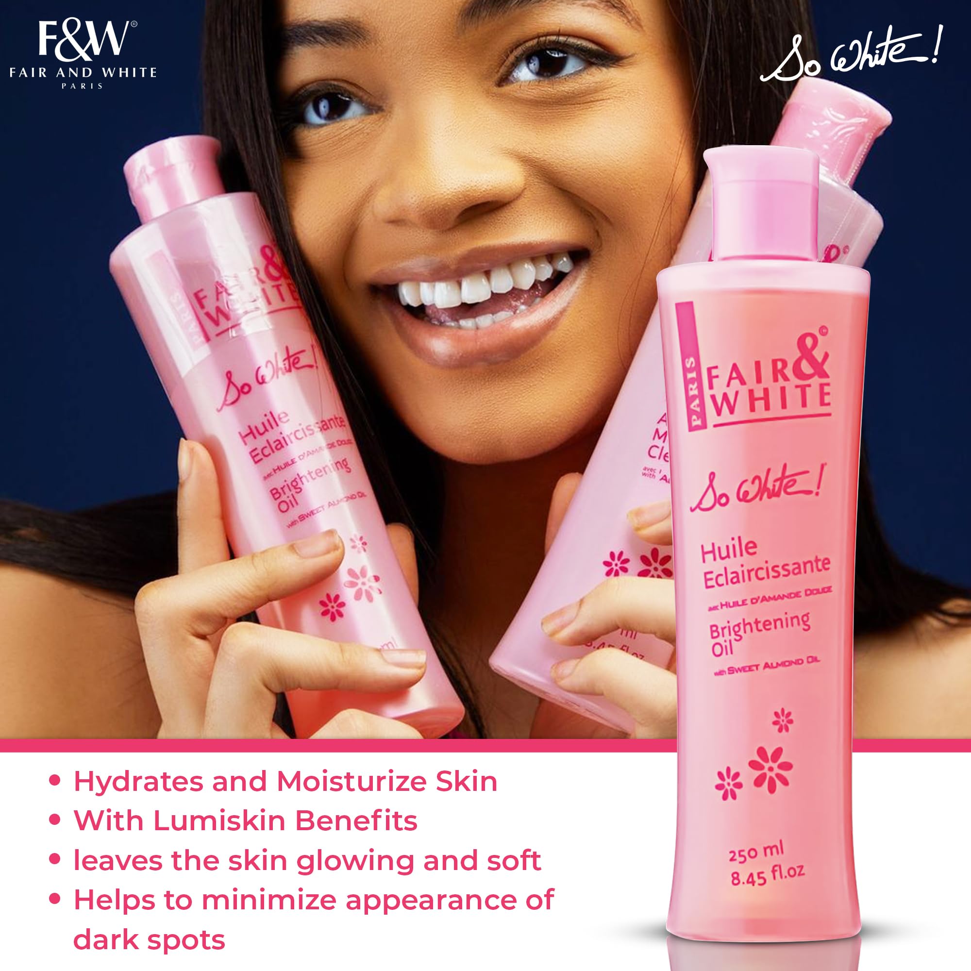 FAIR & WHITE So White almond-oil-drop showcases nourishing care for dull, dry skin.