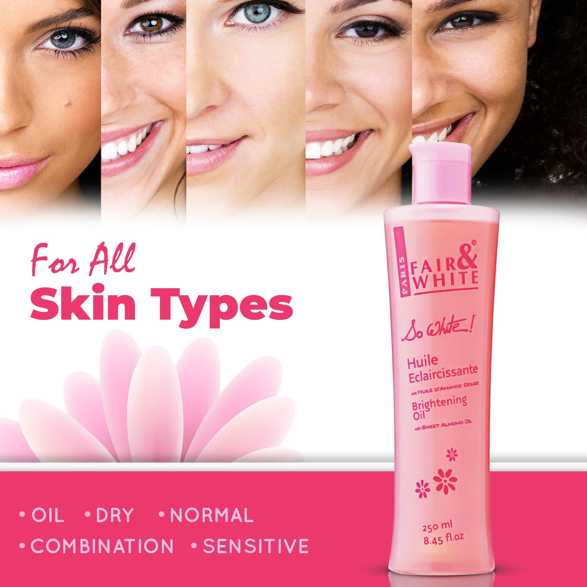 FAIR & WHITE So White bottle-label-detail focuses on non-hydroquinone, skin-friendly formula.