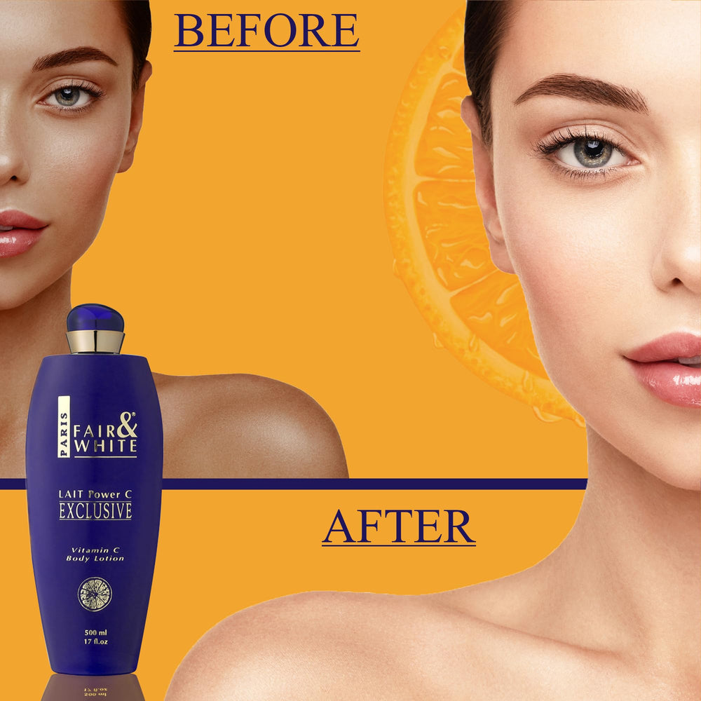 Fair & White vitamin C lotion glow closeup suggests luminous, hydrated skin.