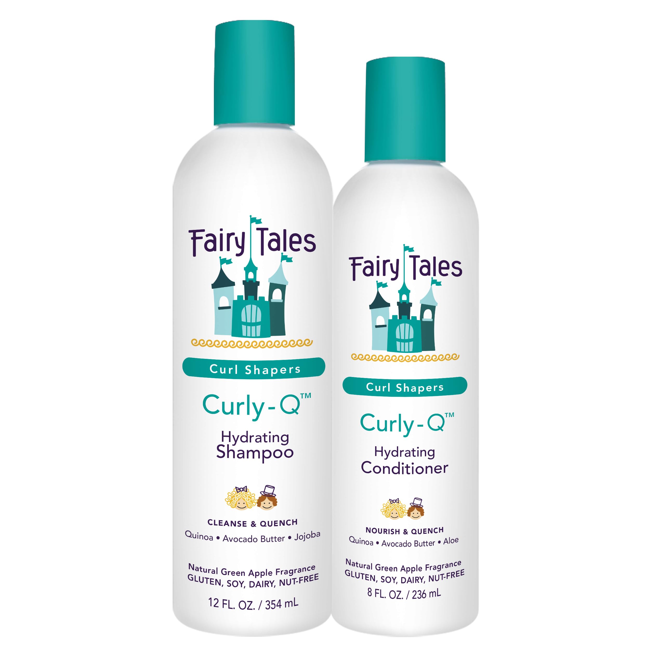 Fairy Tales Curly Q shampoo bottle highlights gentle cleansing for kids' curls.