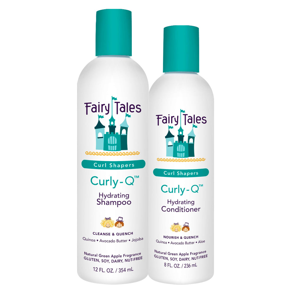 Fairy Tales Curly Q shampoo bottle highlights gentle cleansing for kids' curls.