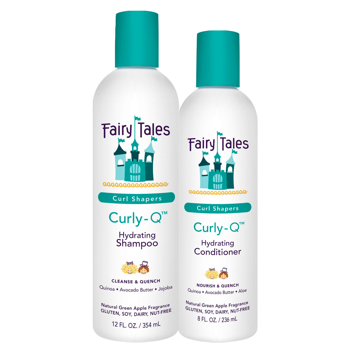 Fairy Tales Curly Q shampoo bottle highlights gentle cleansing for kids' curls.