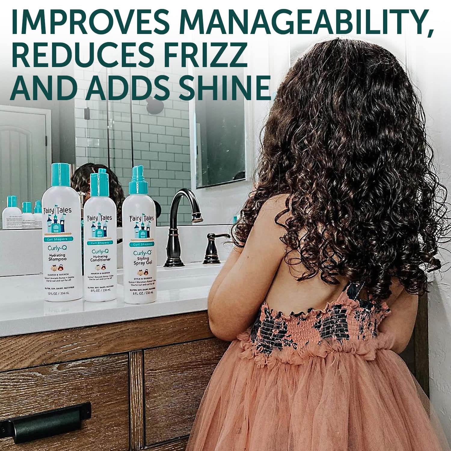 Fairy Tales Curly Q shampoo and conditioner pair shown together on shelf for easy detangling.