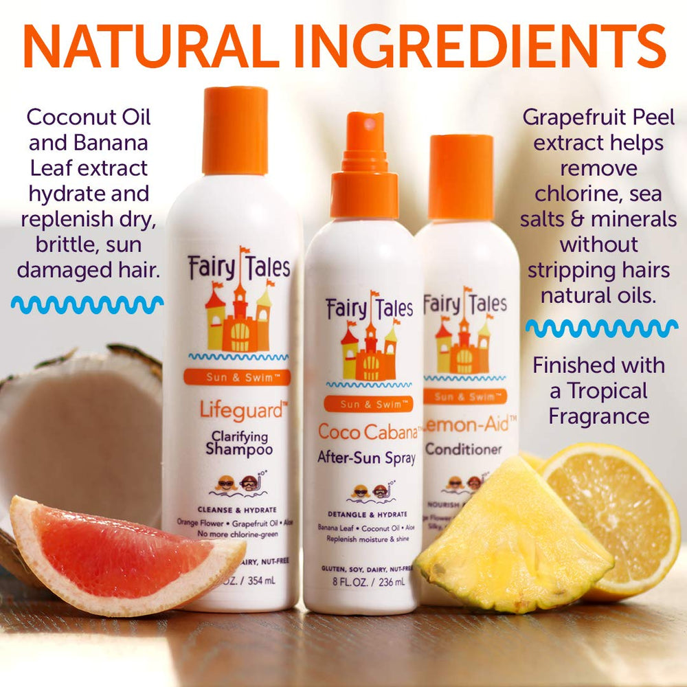 Fairy Tales Sun & Swim line demonstrates chlorine and mineral removal action for healthier-looking hair.