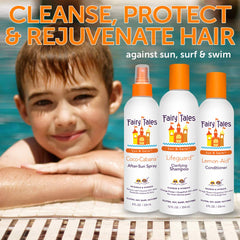 Fairy Tales Sun & Swim line packaging highlights natural ingredients for healthy beach hair.