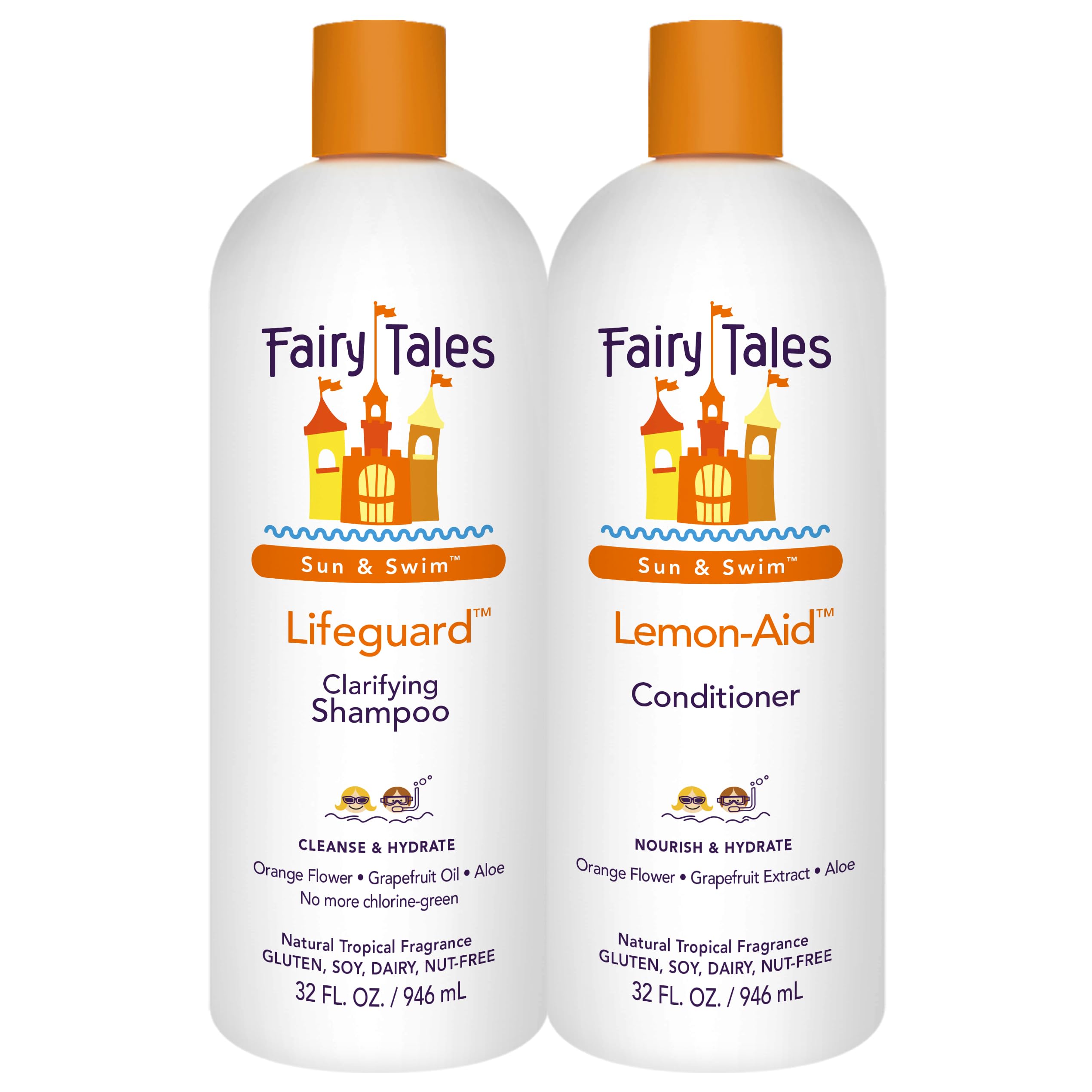 Fairy Tales Sun & Swim Shampoo 32oz bottle reduces chlorine effects on kids' hair.