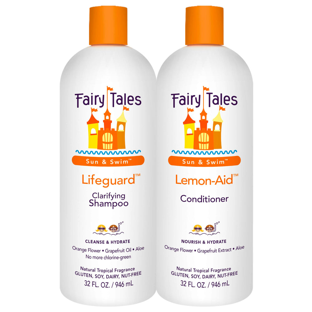 Fairy Tales Sun & Swim Shampoo 32oz bottle reduces chlorine effects on kids' hair.