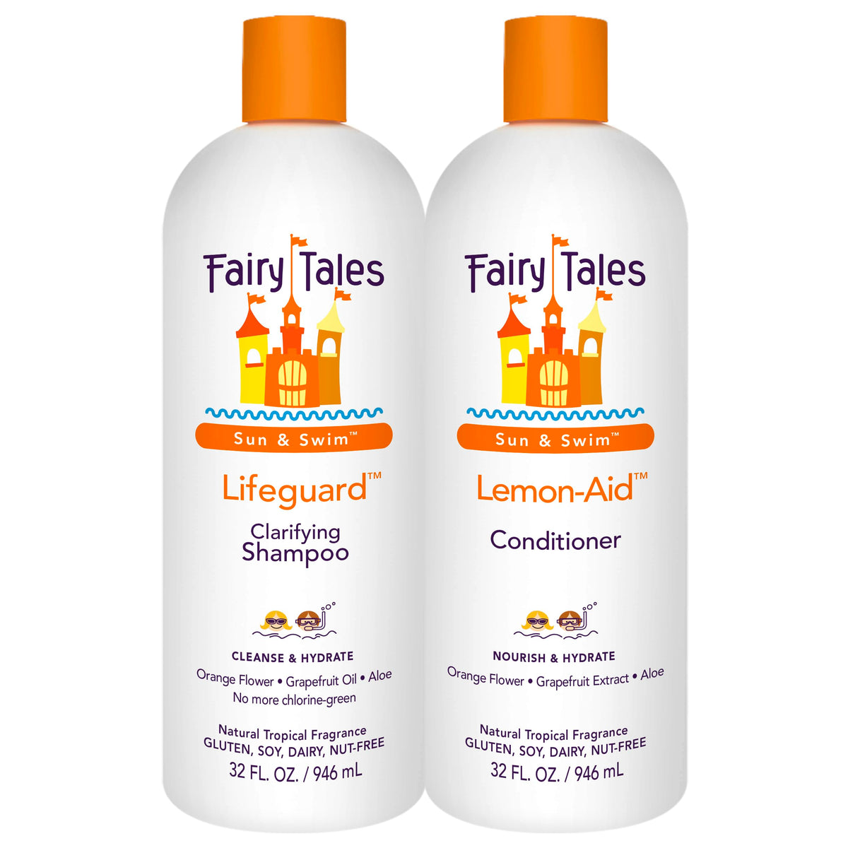 Fairy Tales Sun & Swim Shampoo 32oz bottle reduces chlorine effects on kids' hair.