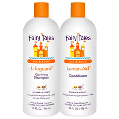 Fairy Tales Sun & Swim Shampoo 32oz bottle reduces chlorine effects on kids' hair.