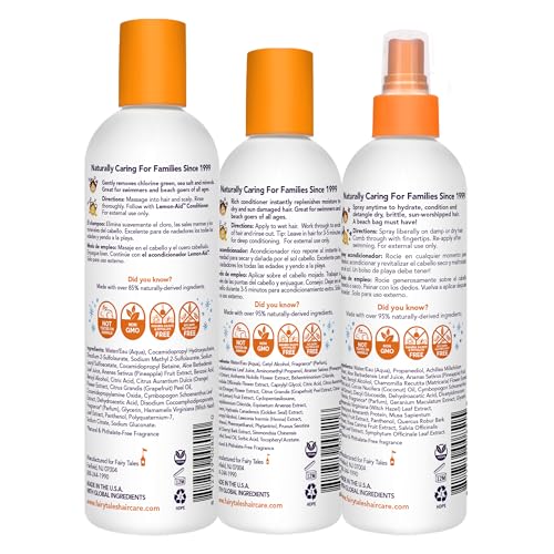 Fairy Tales Swim Conditioner bottle being applied to detangle sun-damaged hair