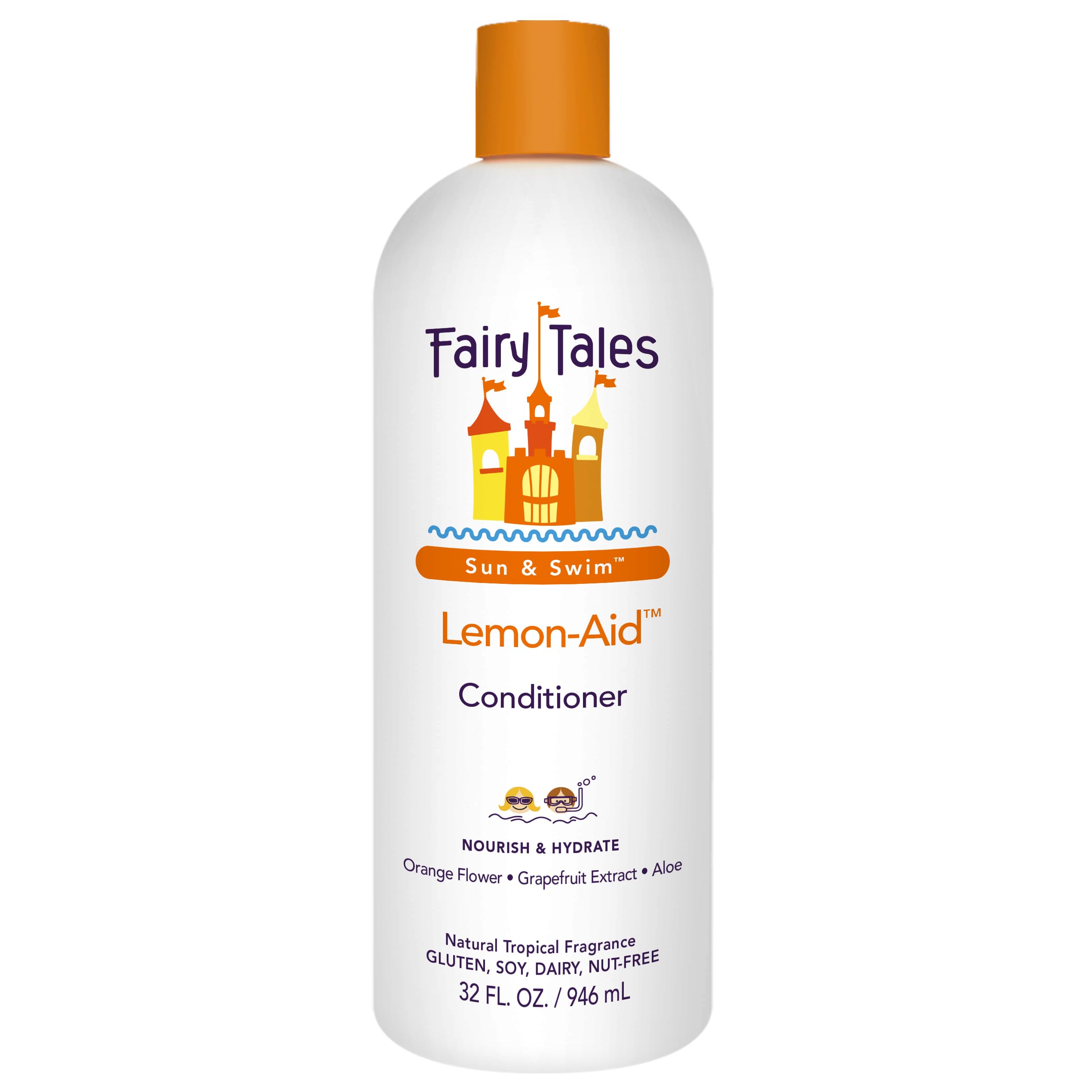 Fairy Tales Swimmer Conditioner 32oz bottle hydrates and detangles kid's sun-damaged hair.