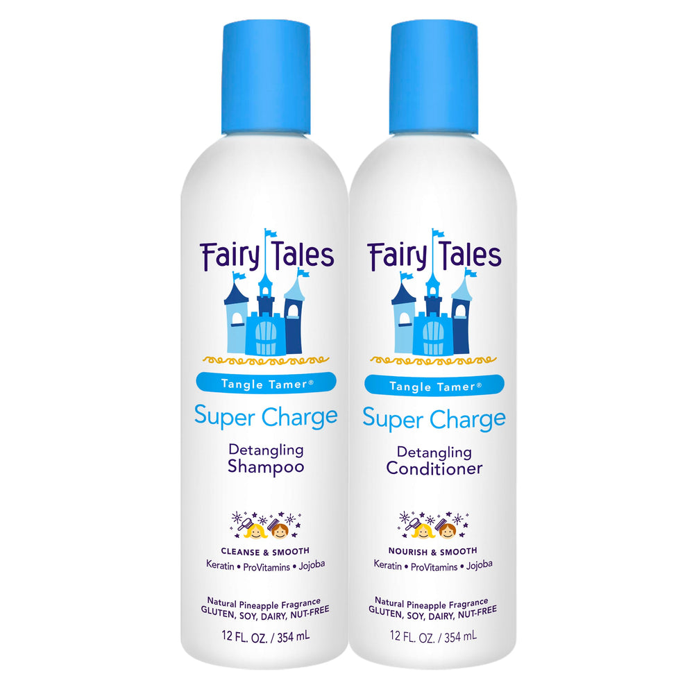 Fairy Tales Tangle Tamer bottle pour showing easy detangling for kids.