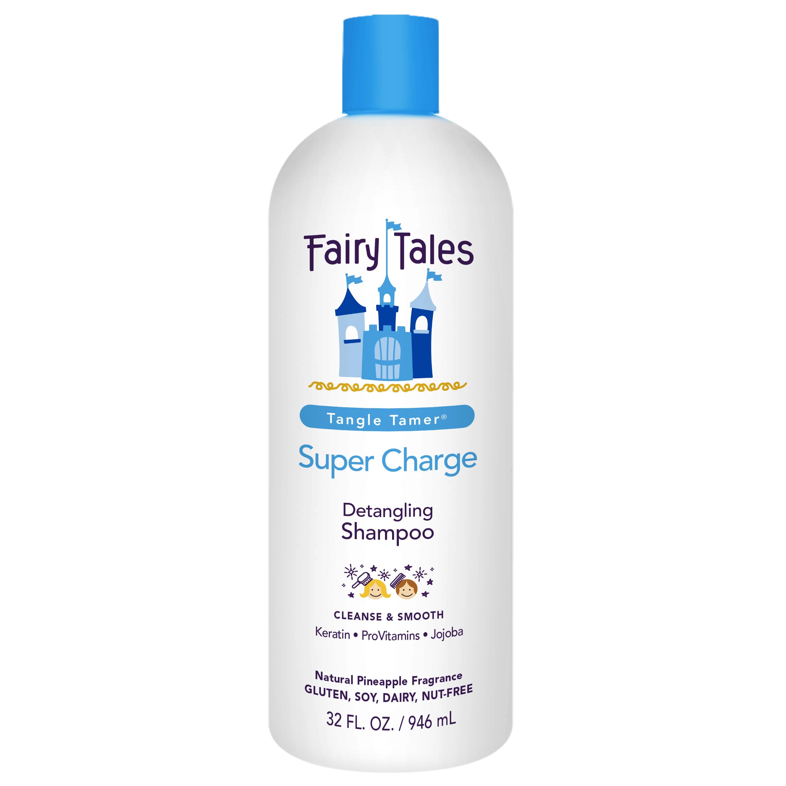 Fairy Tales Tangle Tamer bottle front shows detangling for unruly knots