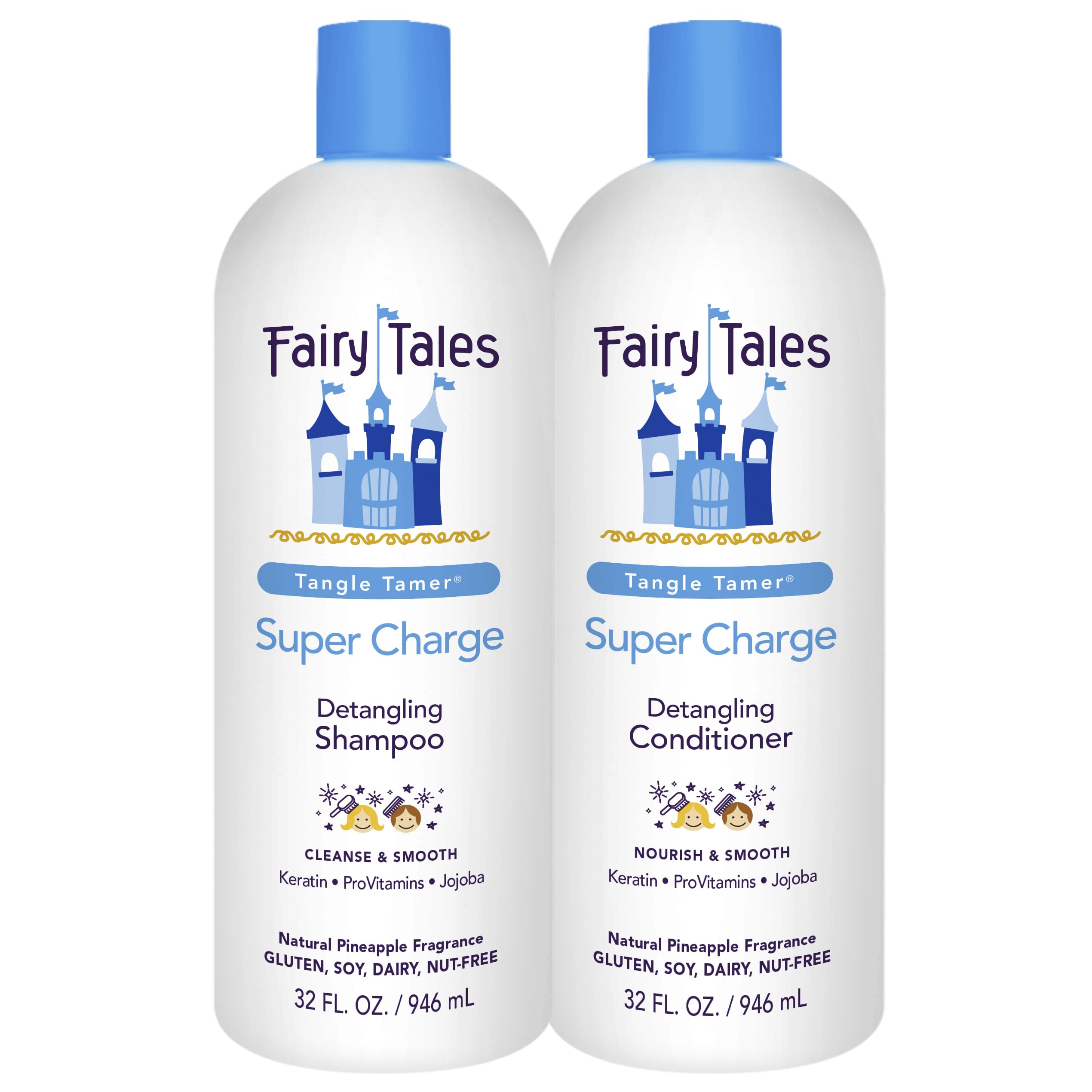 Fairy Tales Tangle Tamer shampoo bottle closeup for easy detangling.