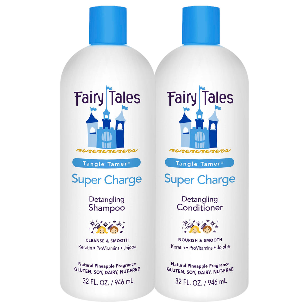 Fairy Tales Tangle Tamer shampoo bottle closeup for easy detangling.