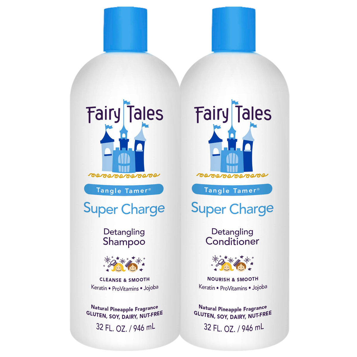 Fairy Tales Tangle Tamer shampoo bottle closeup for easy detangling.