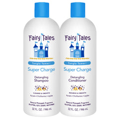 Fairy Tales Tangle Tamer shampoo bottle closeup for easy detangling.