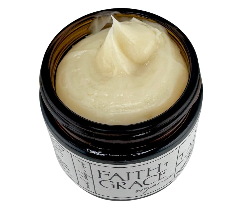Faith and Grace Organics 2oz glass jar packaging emphasizes clean, travel-friendly moisturizer.