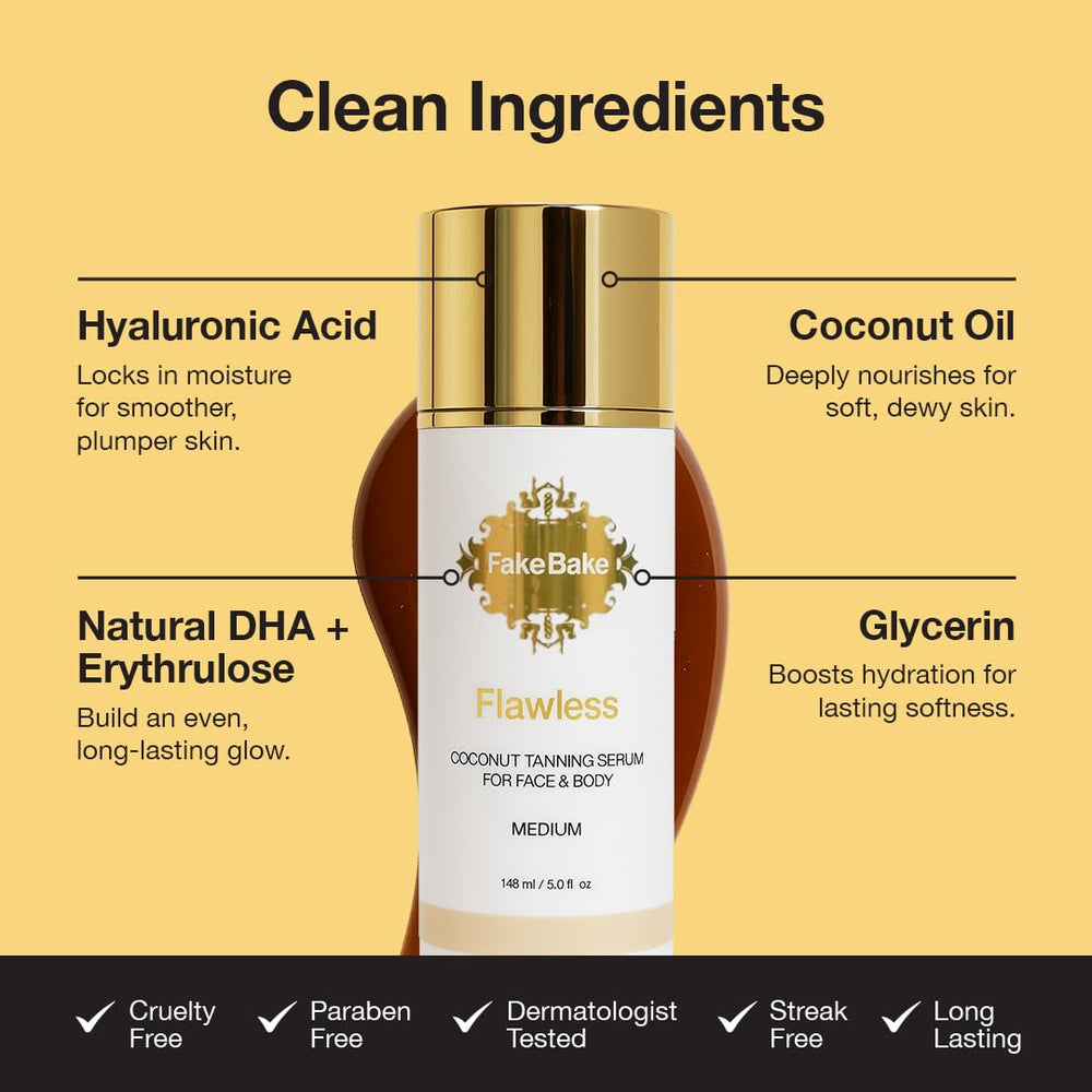 Fake Bake Flawless Coconut Sunless Serum applicator-gloves pairing supports even application