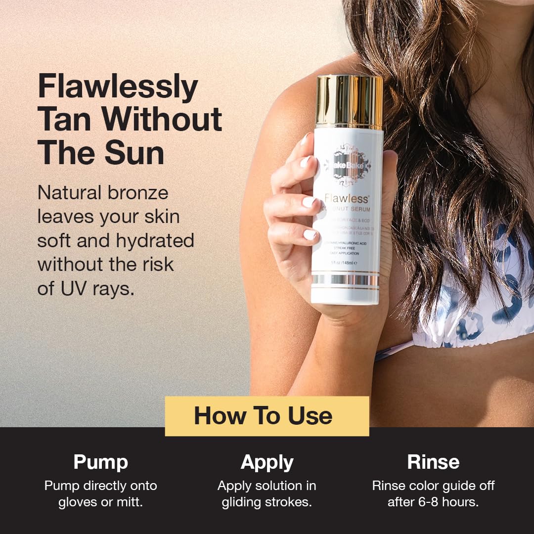 Fake Bake Flawless Coconut Sunless Serum bottle-dispense showcases lightweight, quick-drying self-tanner finish