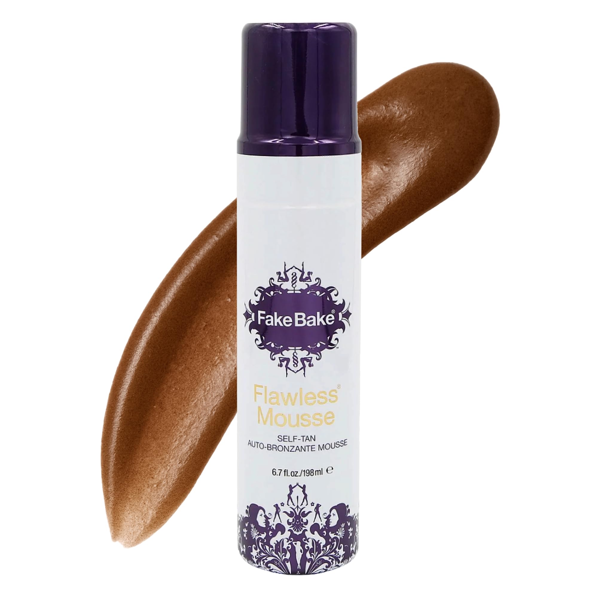 Fake Bake Flawless Self-Tanning Mousse bottle closeup with color guide for even application.