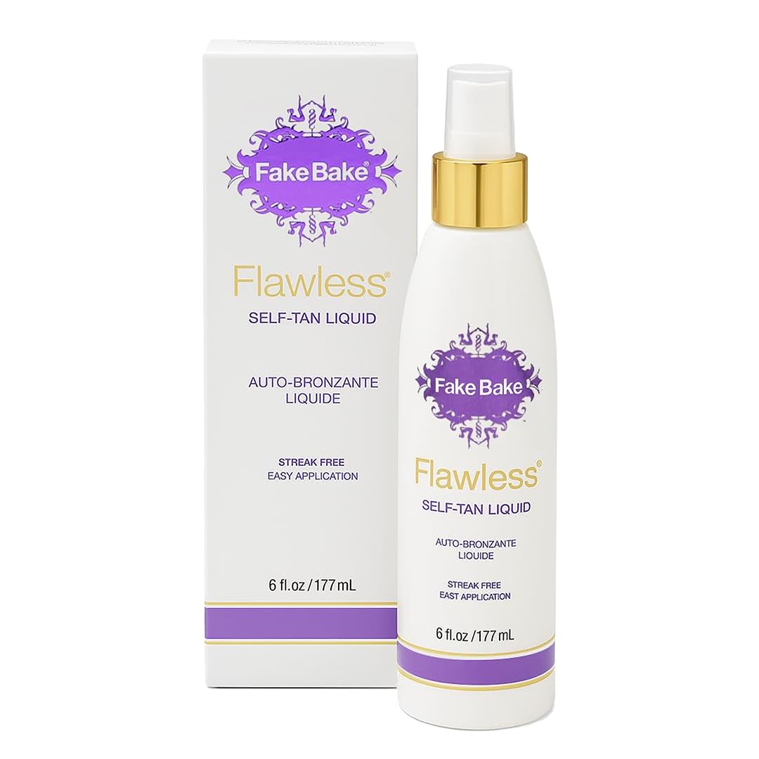 Fake Bake Flawless tanner bottle closeup shows quick-dry, streak-free bronze results.