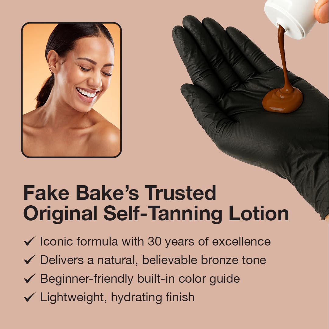 Fake Bake Original Self-Tanning Lotion color guide demonstrates precise, streak-free application.