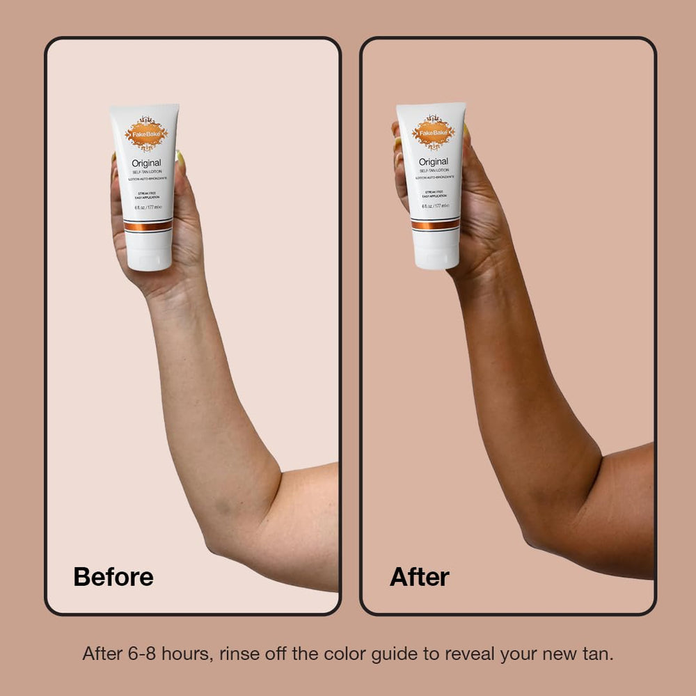 Applying Fake Bake lotion on leg for buildable, natural tan appearance.