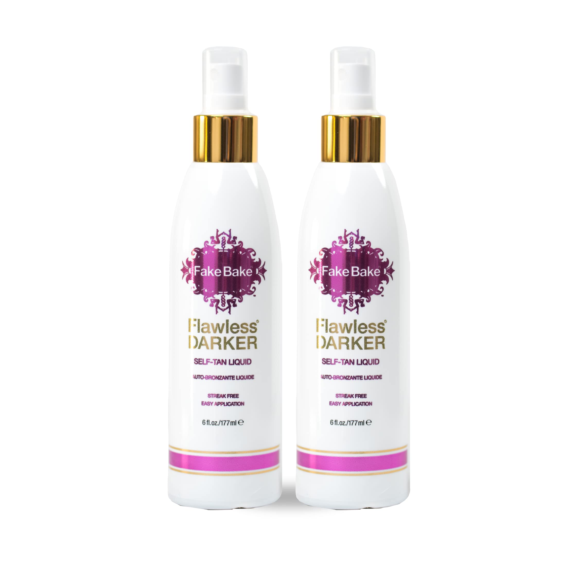 Fake Bake self-tanning liquid bottle showing streak-free dark tan.