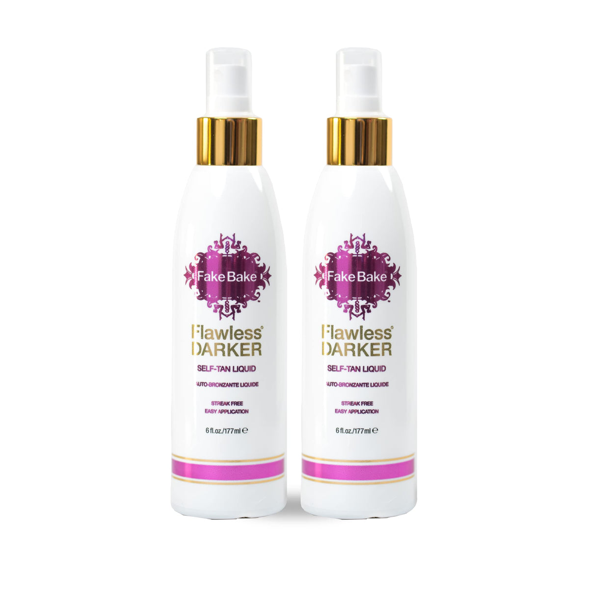 Fake Bake self-tanning liquid bottle showing streak-free dark tan.