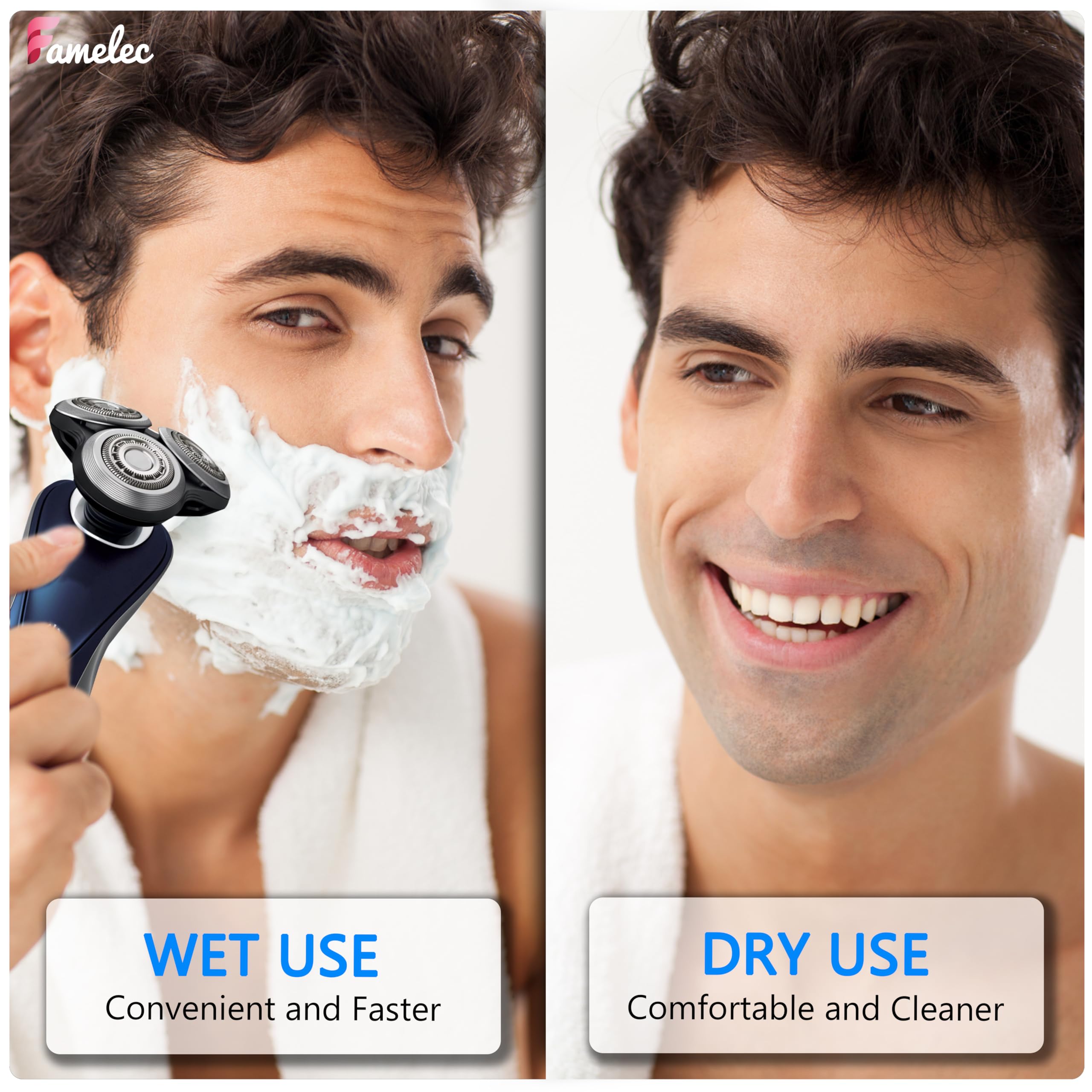 FAMELEC seamless shave upgrade demonstrates quick head replacement.