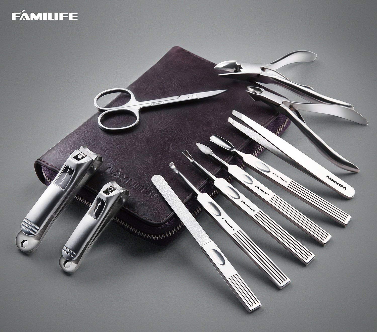 FAMILIFE 11-piece manicure kit neatly arranged for complete home nail care.