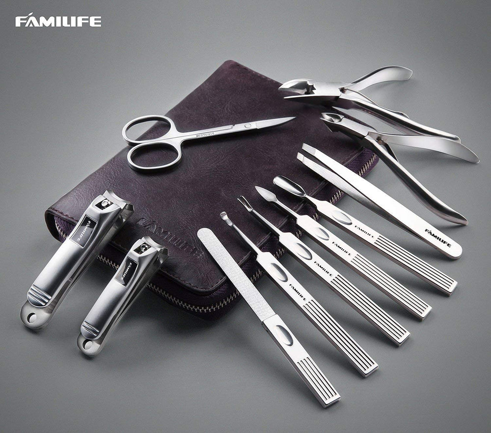 FAMILIFE 11-piece manicure kit neatly arranged for complete home nail care.