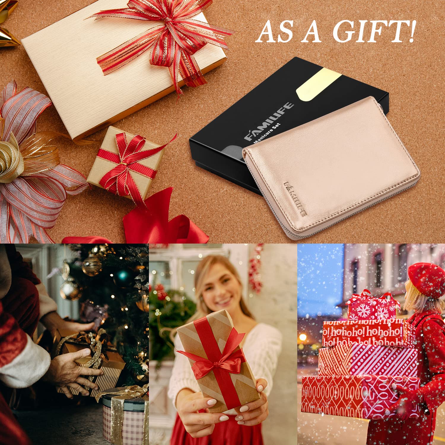 FAMILIFE compact travel manicure kit resting beside a purse for on-the-go grooming