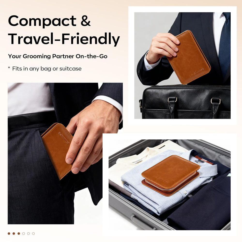 FAMILIFE leather travel case closed with fixed tool slots.